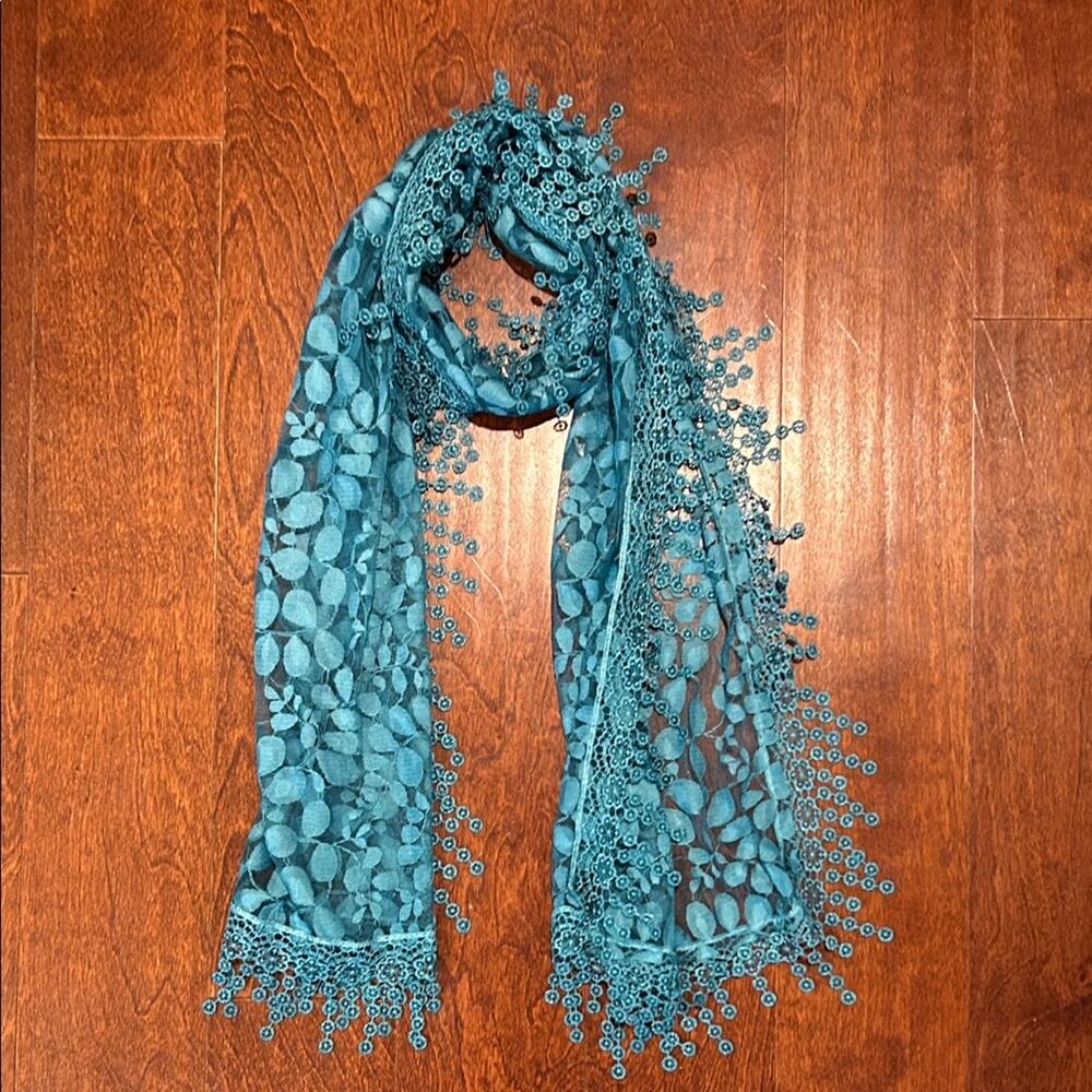 Blue Italian Cotton and Silk Blend Fairycore Scarf, Leaf Pattern with Lace Trim